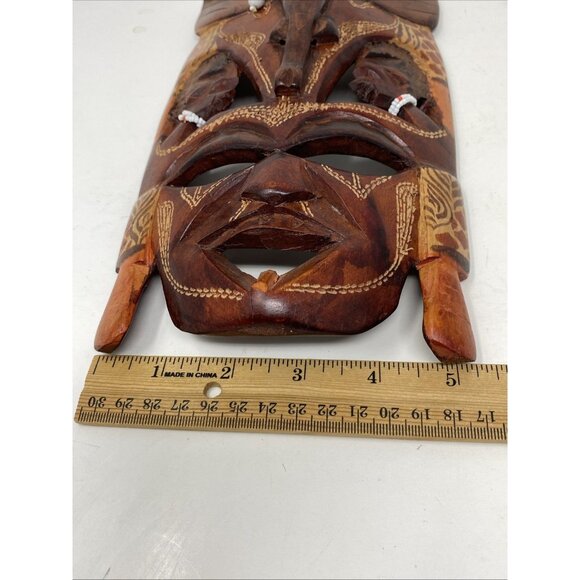 Vintage African Art Maasai Hand Carved Wood Mask Kenya 2 Faces & Elephant Beads - Picture 9 of 10